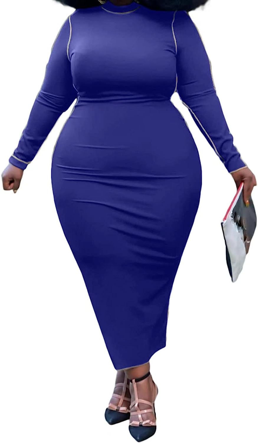 Thumbnail: IyMoo Women's Plus Size Crewneck Long Sleeve Bodycon Maxi Dress Casual Long Dre