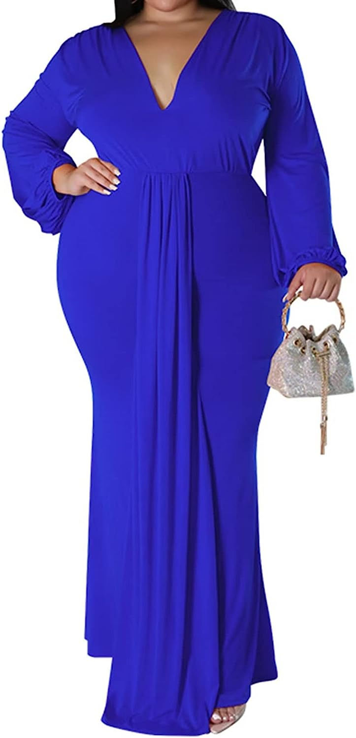 Thumbnail: Women's Plus Size Elegant V Neck Latern Sleeve Bodycon Solid Ruched Evening Par