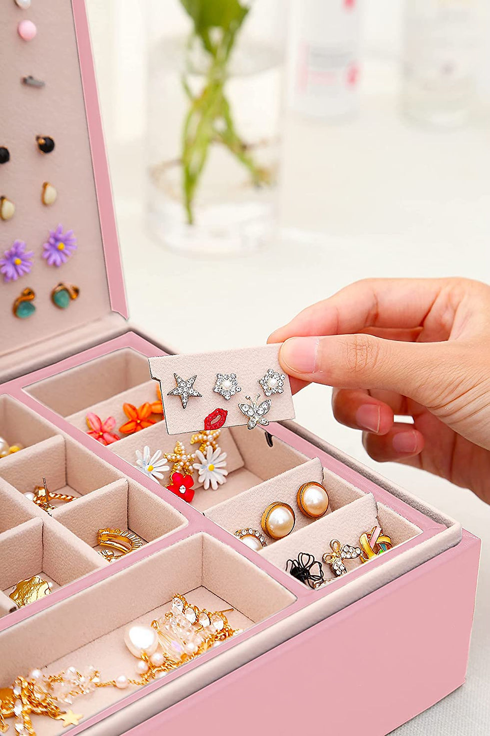 Thumbnail: QBestry Stud Earring Organizer for Girls Pink Jewelry Box for Earrings Necklace