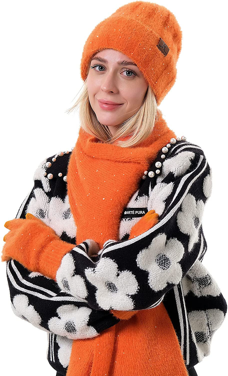 Thumbnail: Womens Winter Warm Knit Beanie Hats and Touchscreen Gloves Long Scarf Sets with
