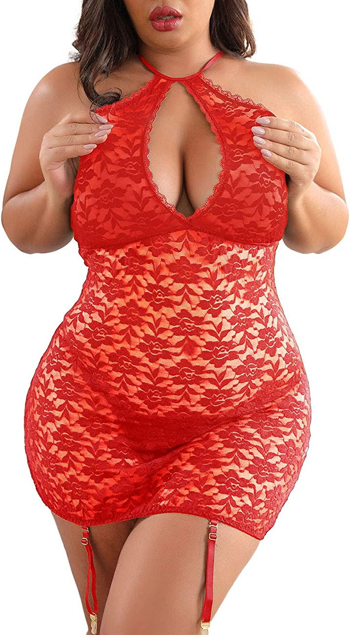 XAKALAKA Women's Halter Plus Size Lace Lingerie Keyhole Mesh Stretch Babydoll C