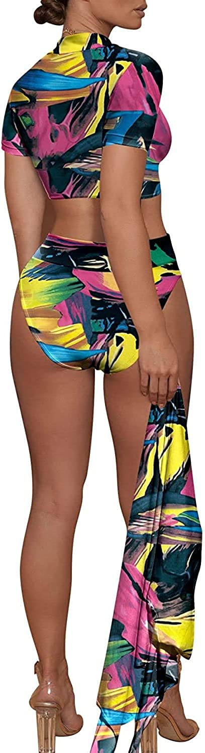 Thumbnail: Womens Hawaiian Outfits 3 Piece Swimsuit Summer Beach Cover Ups Floral Kimono C