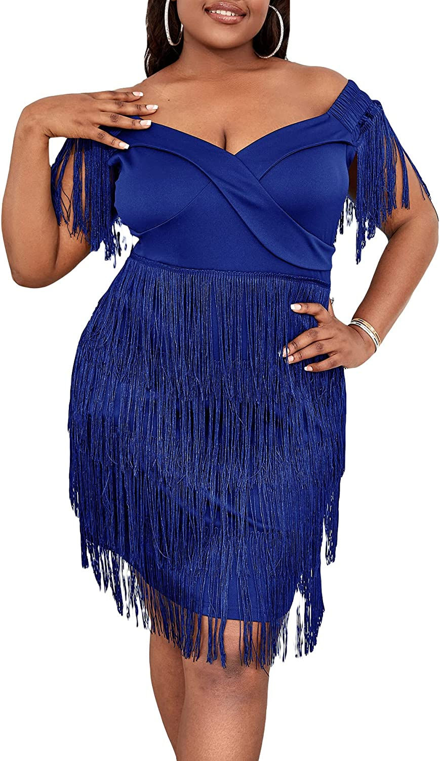 Thumbnail: WDIRARA Women's Plus Size Off Shoulder Fringe Hem High Rise Bodycon Party Dress