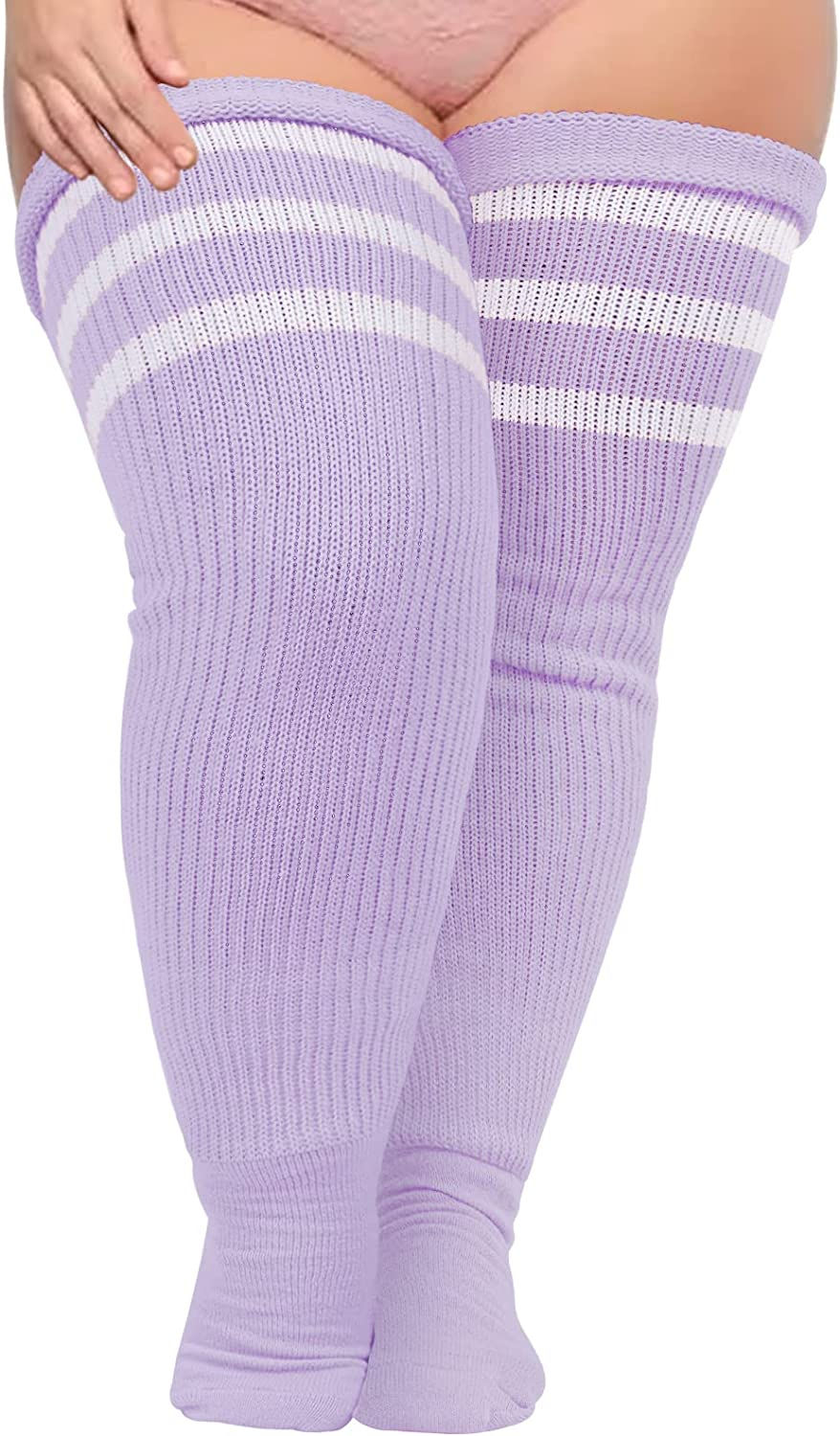 Thumbnail: Plus Size Womens Thigh High Socks for Thick Thighs- Extra Long Striped Thick Ov