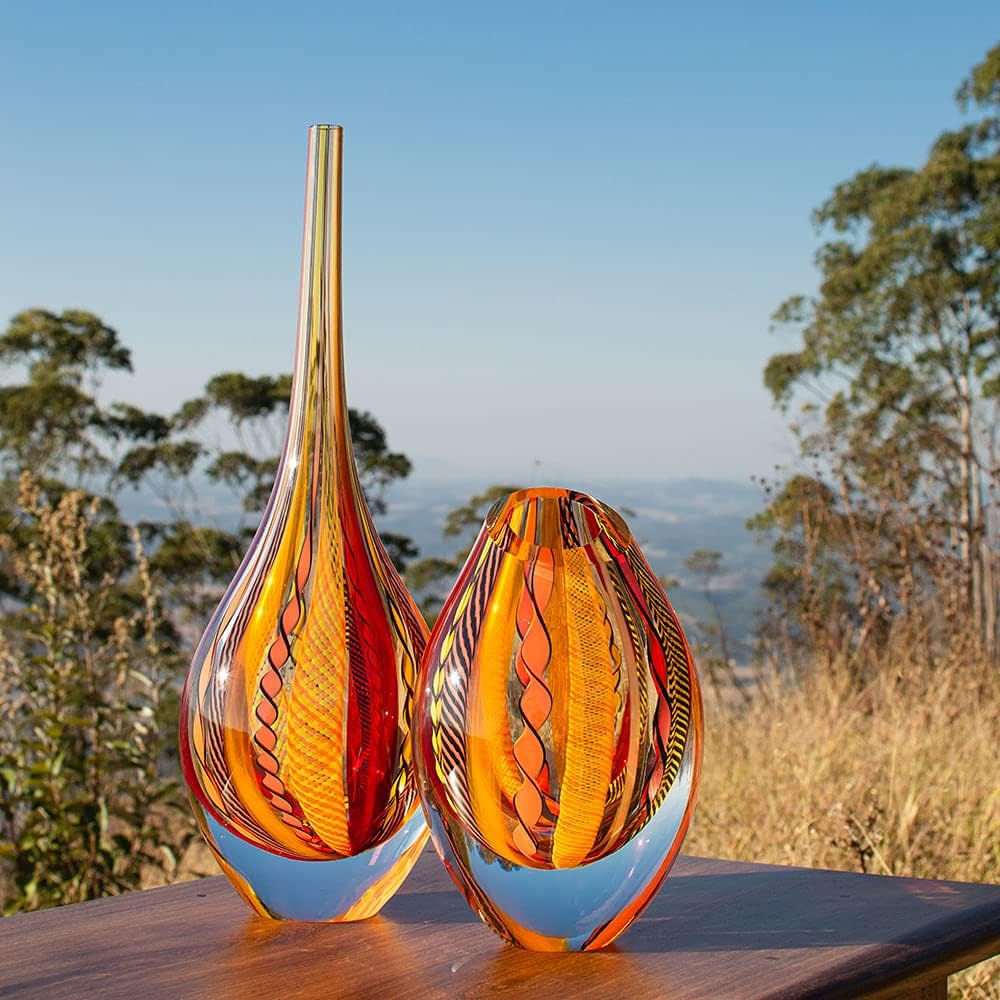 Cá d'Oro Drop Glass Vase Hippie Red/Yellow Canes Hand Blown Murano-Style Art G