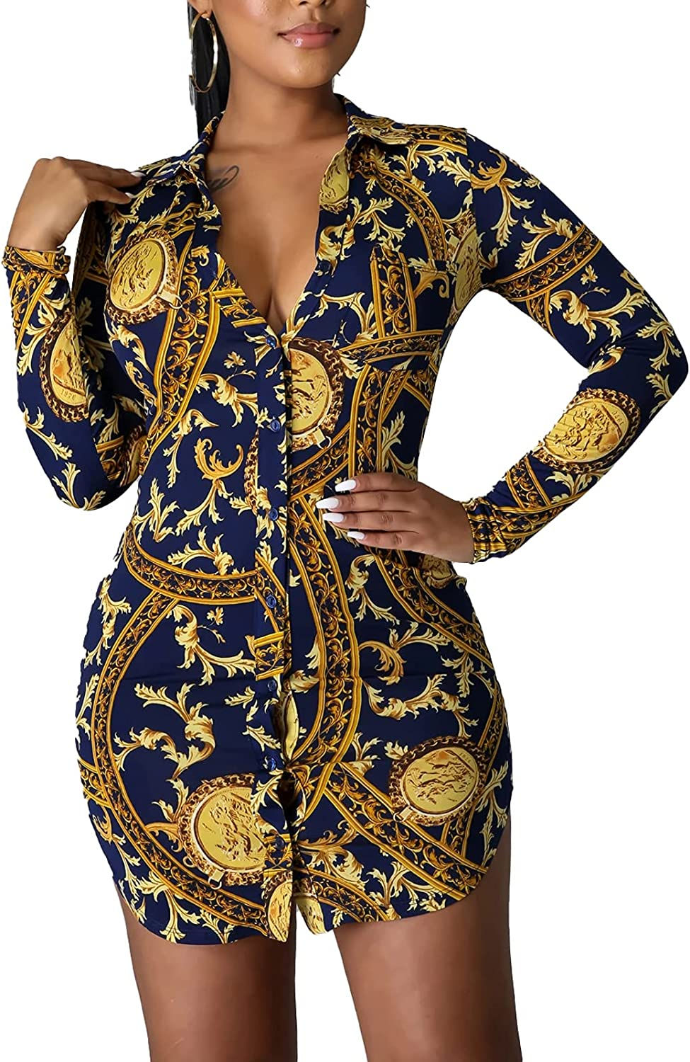 Thumbnail: Women's Casual Bodycon T-Shirts Blouses Floral V-Neck Long Sleeve Button Down T