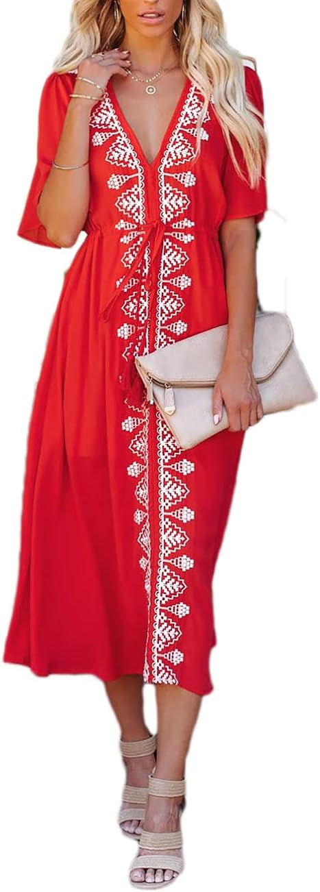 Thumbnail: Bsubseach Women Embroidered Kaftan Dresses Caftan Maxi Dress Swimsuit Cover Ups