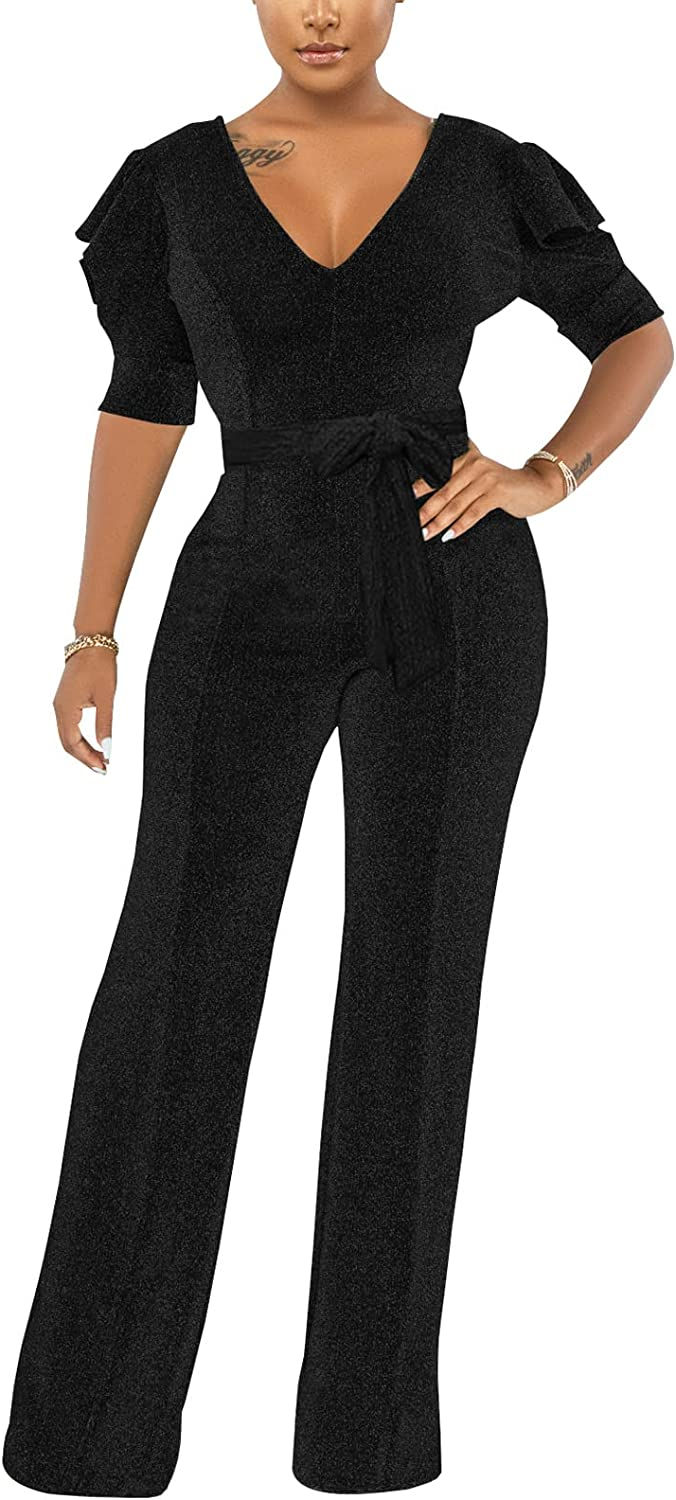 Thumbnail: DinyIn Sexy Deep V Neck Long Wide Leg Pant for Women Casual Solid Jumpsuits Plu