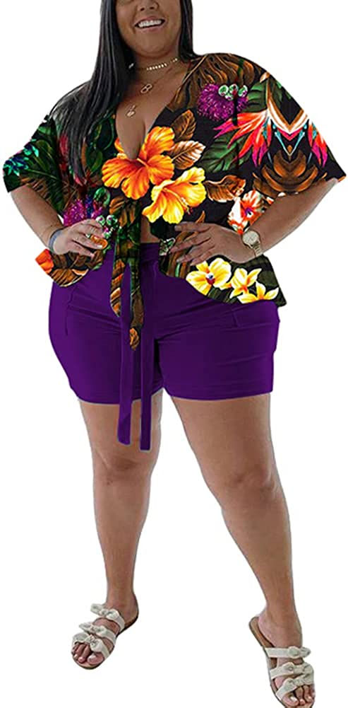 Thumbnail: Plus Size 2 Piece Outfits for Women Summer Boho Ruffle Crop Top Shorts Set Flor