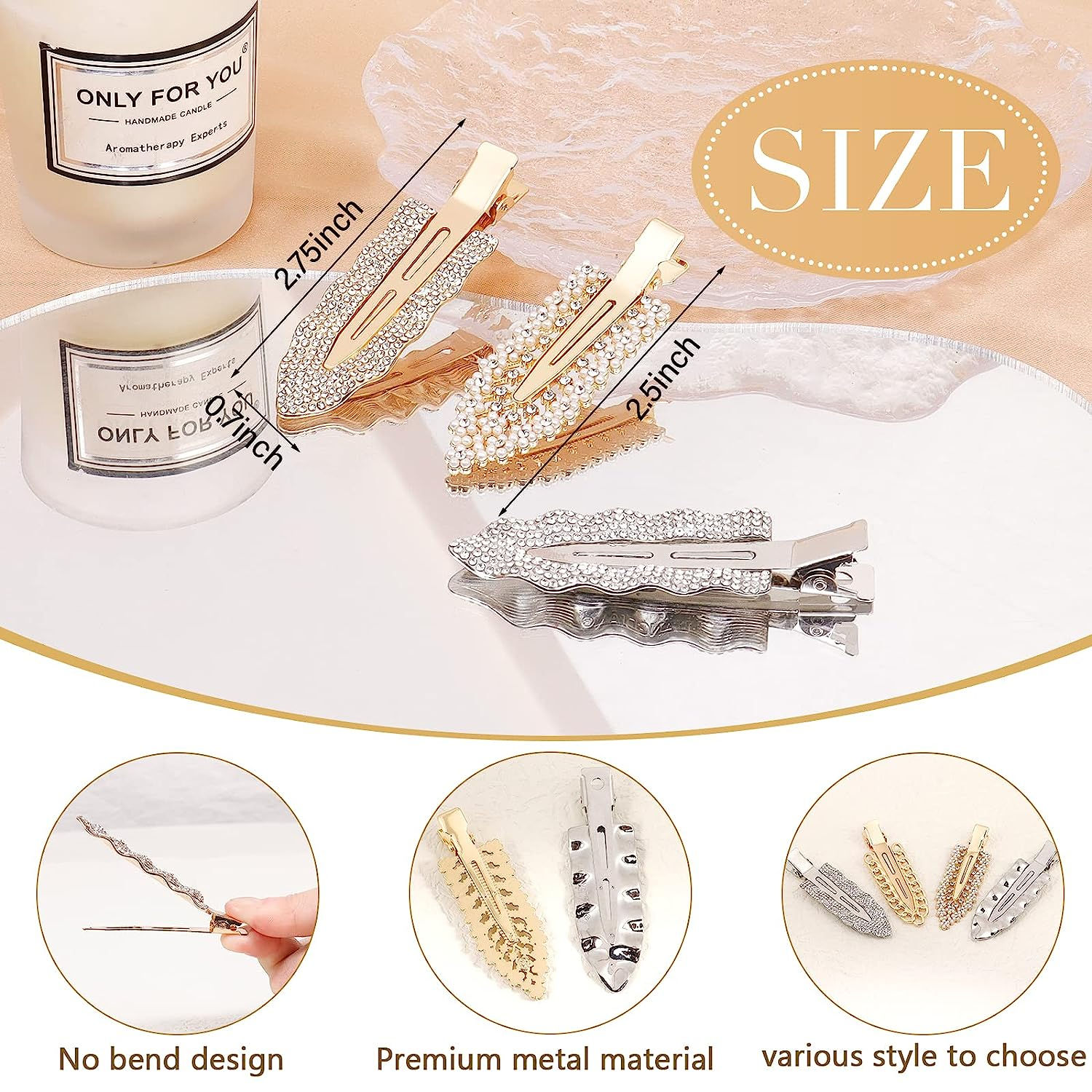 KesaPlan 8PCS No bend Hair Clips, Rhinestone Metal No Crease Flat Styling Clips