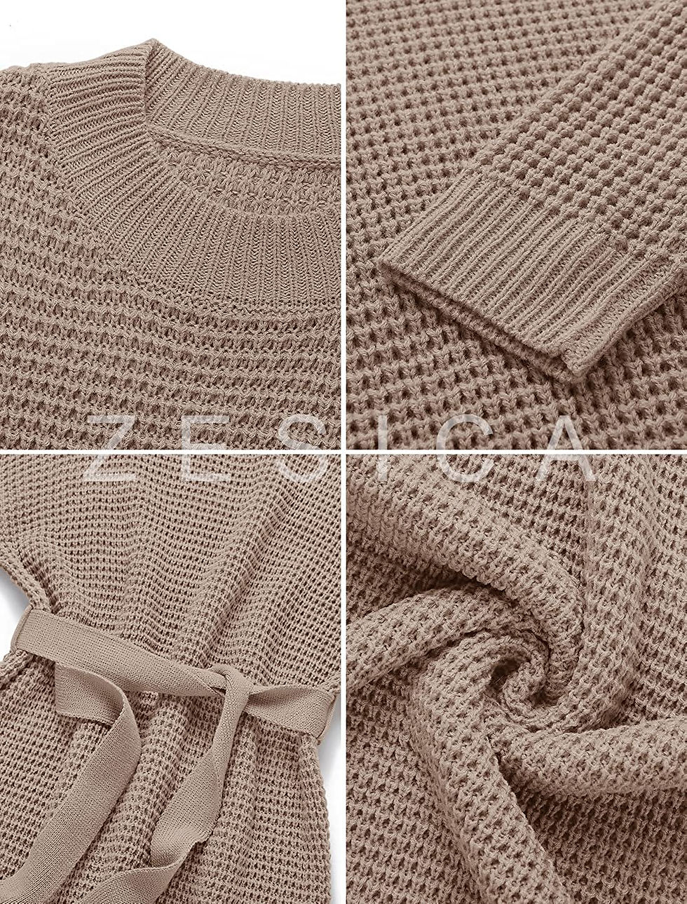Thumbnail: ZESICA Women's Long Sleeve Solid Color Waffle Knitted Tie Waist Tunic Pullover 
