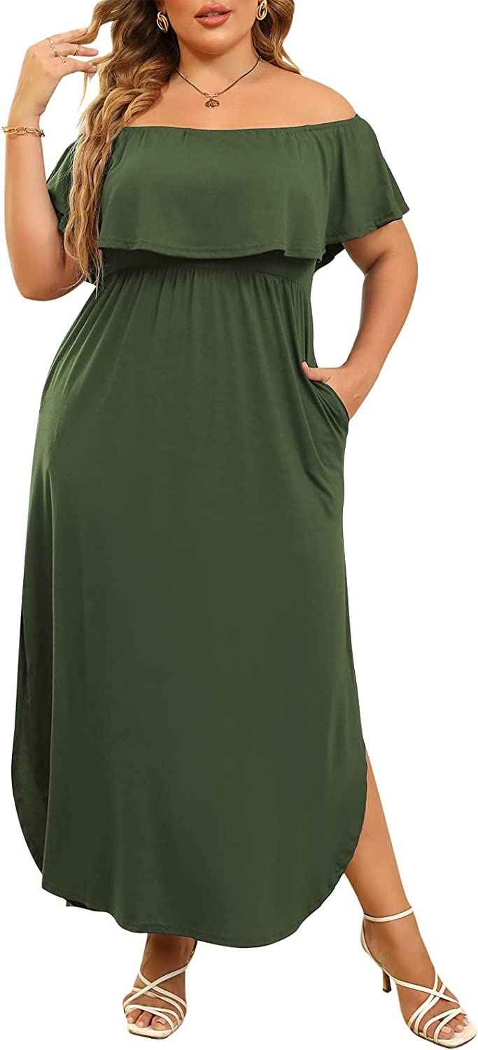 Thumbnail: Nemidor Women's Upper Flounce Layer Off Shoulder Plus Size Slit Maxi Dress NEM2