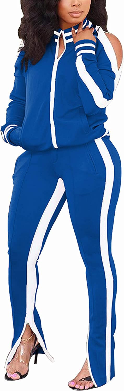 Thumbnail: FcuteL Sweatsuits for Women Cuasal Plus Size Zipper Stripe Jackets Long Pants T