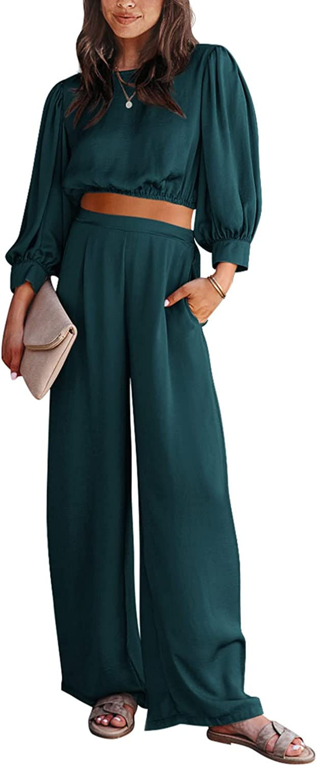 Thumbnail: PRETTYGARDEN Women's 2 Piece Satin Outfits 2023 Spring Casual Puff Sleeve Crop 