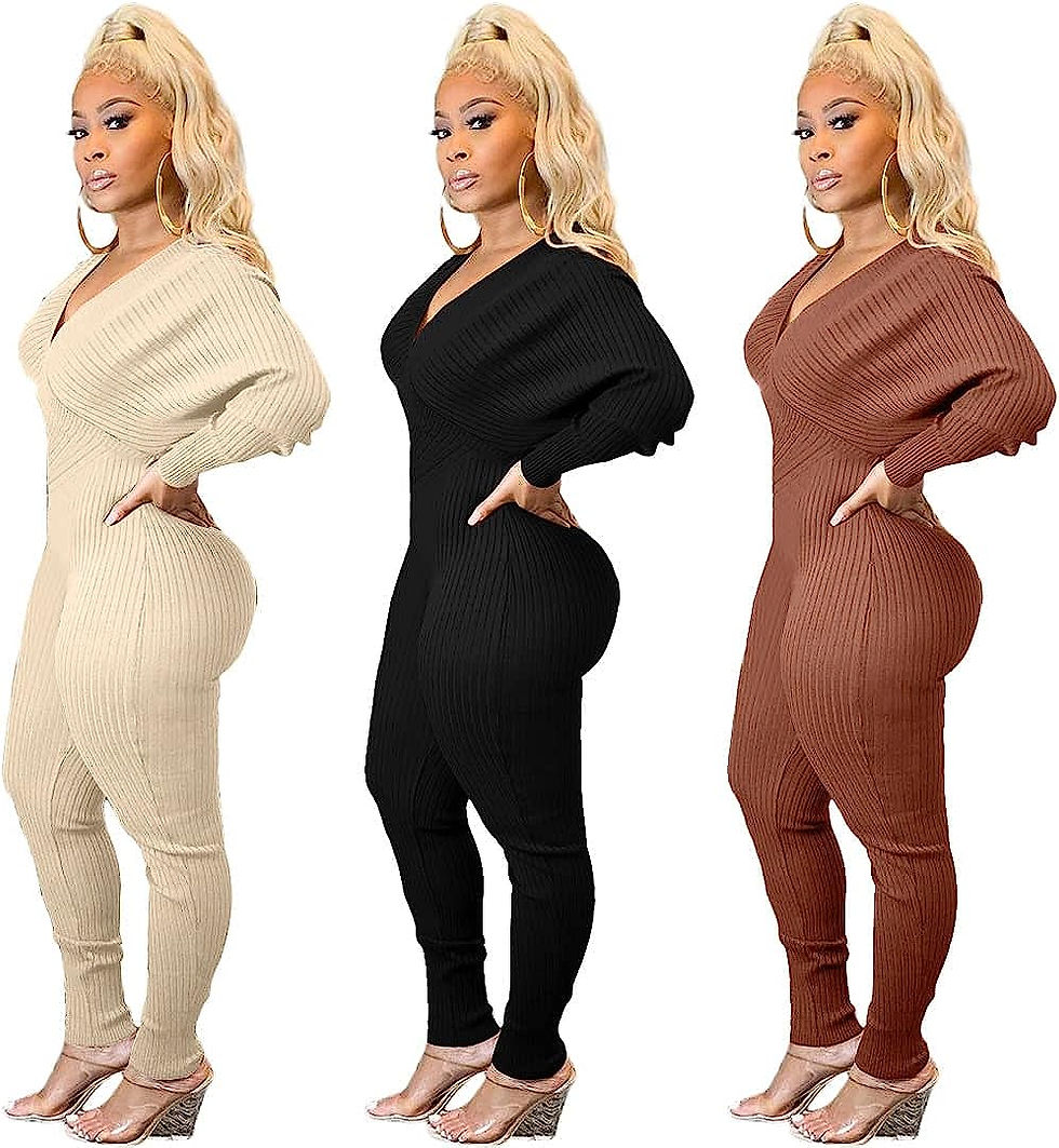 Thumbnail: ECHOINE Womens Sexy V Neck Jumpsuits Ribbed Knit Long Sleeve Bodycon One Piece 