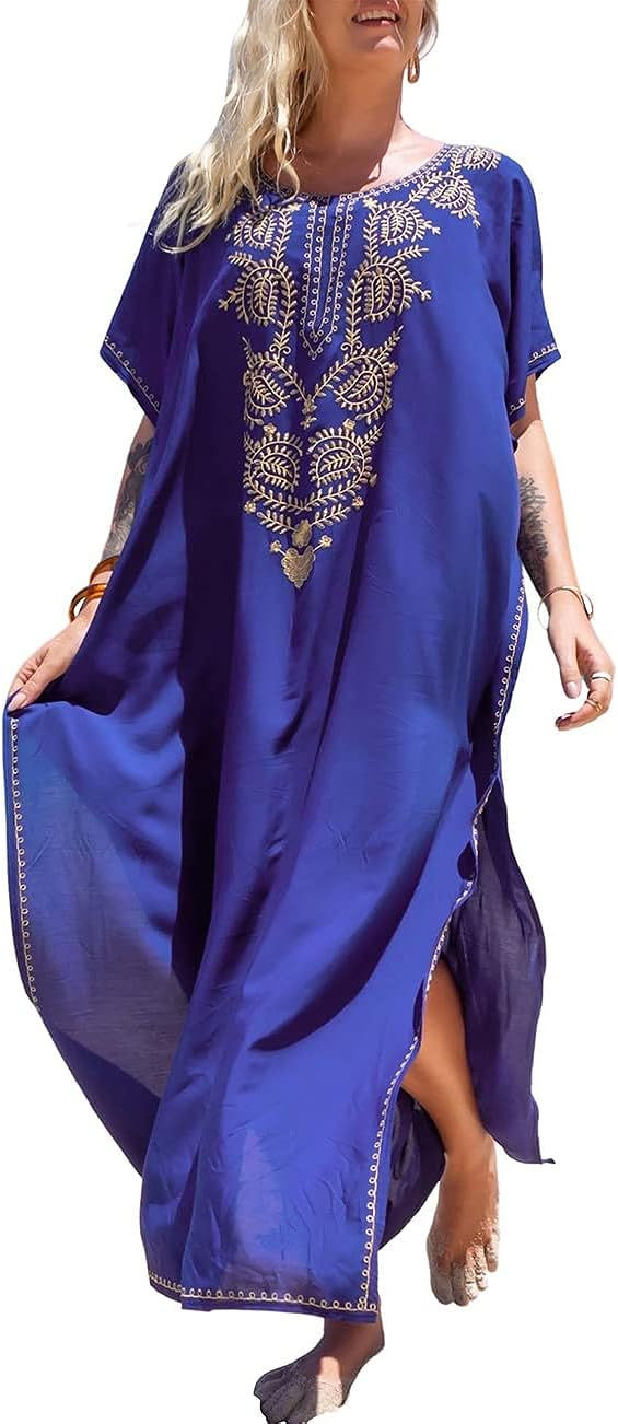 Thumbnail: Bsubseach Women Embroidered Kaftan Dresses Caftan Maxi Dress Swimsuit Cover Ups