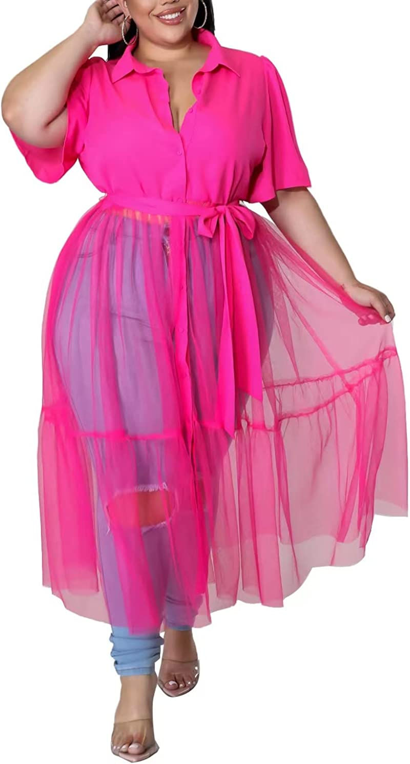 Thumbnail: Sunlips Women's Sexy Plus Size Lapel Shirt Dresses Mesh See Through Puff Short 