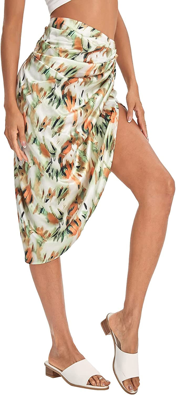 Thumbnail: Floerns Women's Boho Floral Print Split Thigh Satin Ruched Midi Skirt