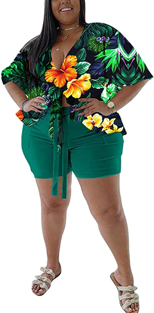 Thumbnail: Plus Size 2 Piece Outfits for Women Summer Boho Ruffle Crop Top Shorts Set Flor
