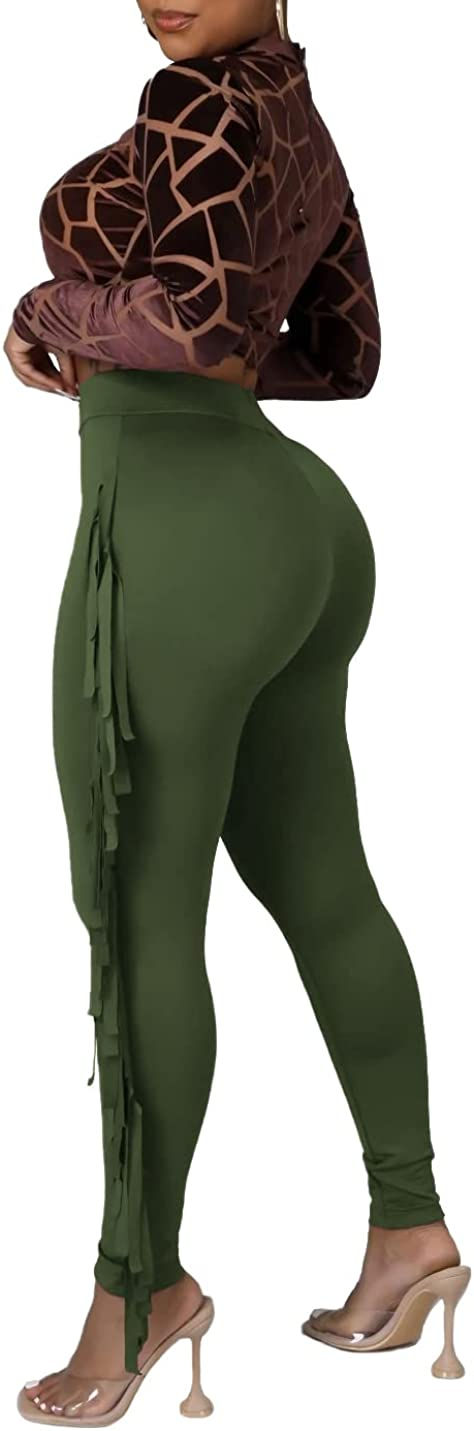 Thumbnail: Choichic Women's Casual High Waist Fringed Pants Elastic Waist Bodycon Pants Ta