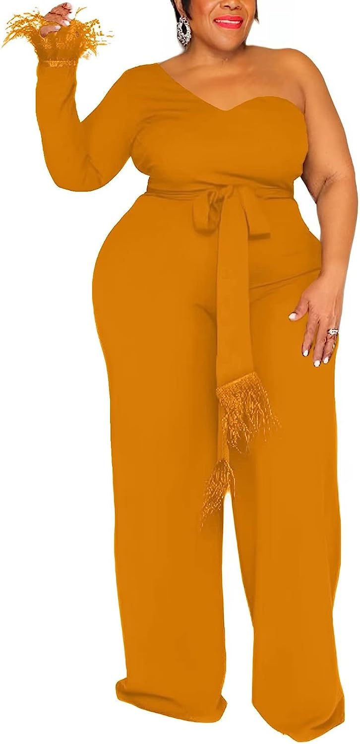 Thumbnail: IyMoo Women's Sexy Plus Size One Shoulder Asymmetrical Wide Leg Long Sleeve Coc