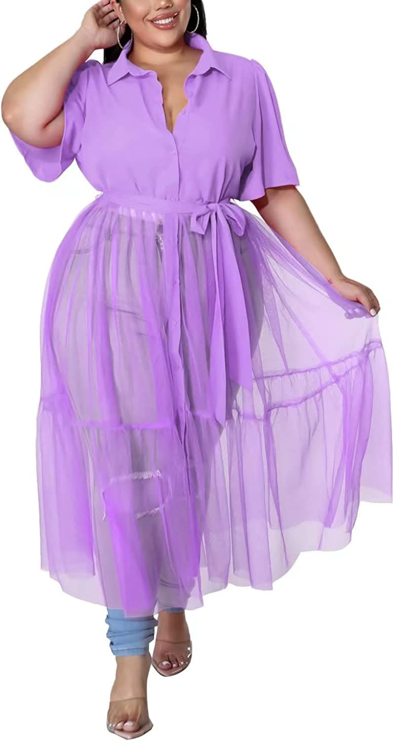 Thumbnail: Sunlips Women's Sexy Plus Size Lapel Shirt Dresses Mesh See Through Puff Short 