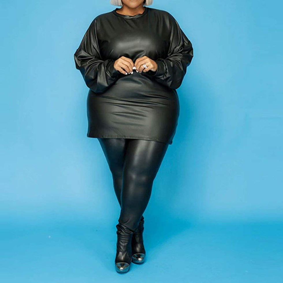 Thumbnail: Womens Sexy Plus Size 2 Piece Outfit - PU Leather Tunic Sweatshirt Tops Bodycon