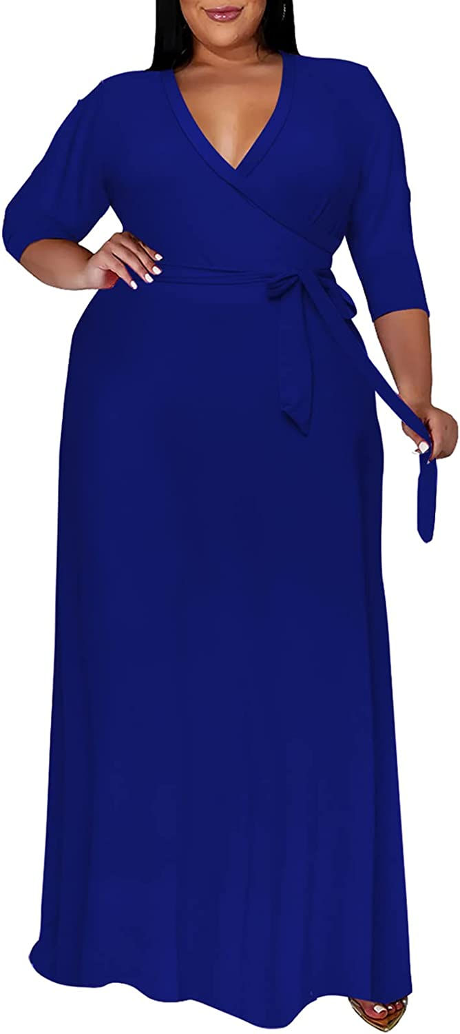 Thumbnail: Runwind Plus Size Dresses for Women Floral Maxi Dress Flowy 3/4 Sleeve with Belt