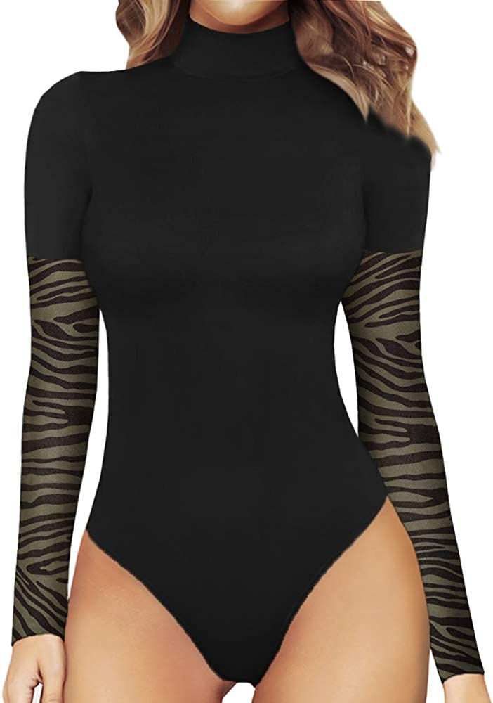 Thumbnail: MANGOPOP Women's Mock Turtle Neck Long Sleeve Tops Bodysuit Jumpsuit