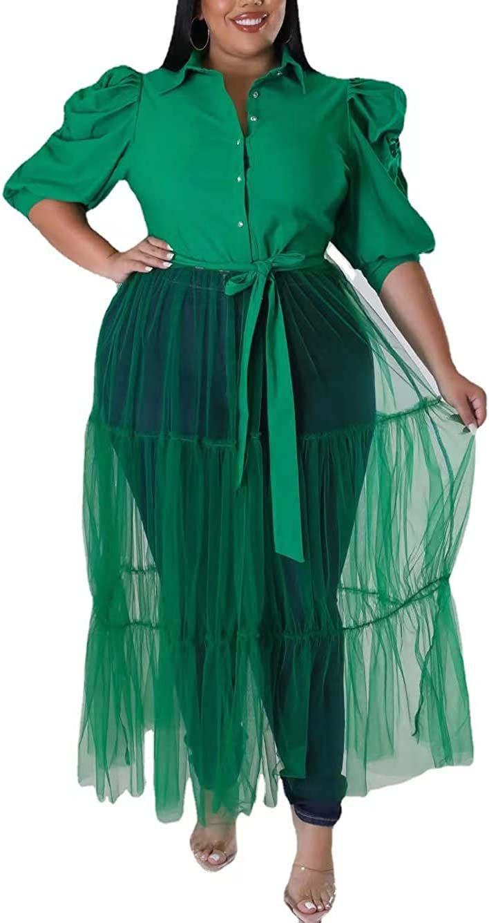 Thumbnail: Sunlips Women's Sexy Plus Size Lapel Shirt Dresses Mesh See Through Puff Short 