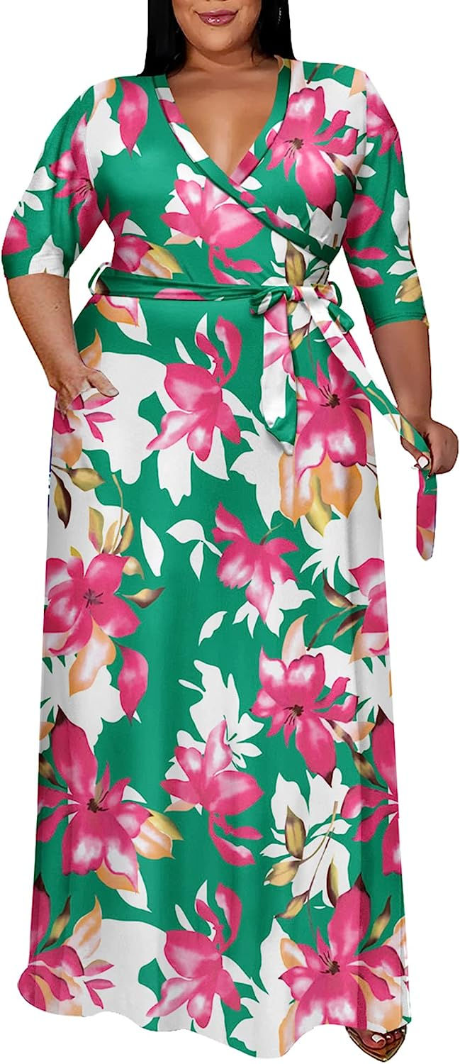 Thumbnail: Runwind Plus Size Dress for Women - 3/4 Sleeve V Neck Printing Maxi Dresses for