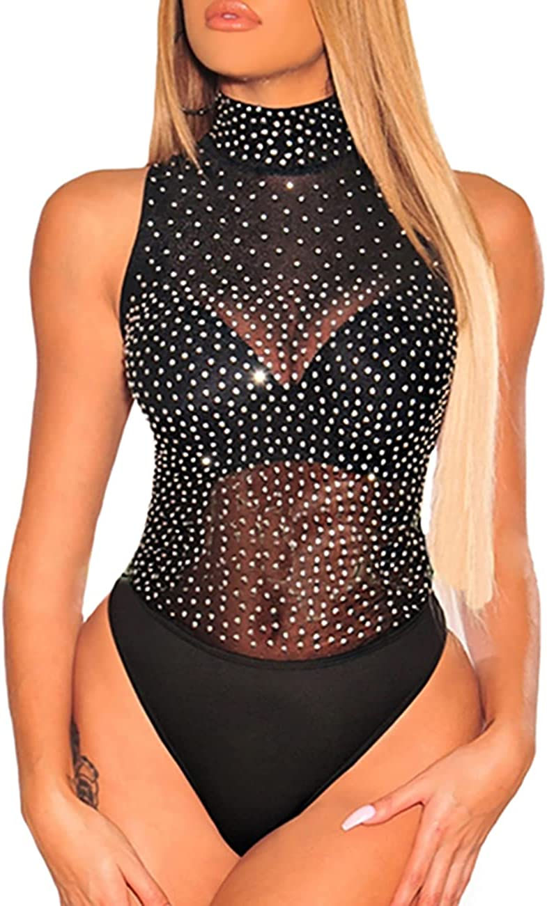 Thumbnail: Lrady Women's Sheer Mesh Turtleneck Neck See Through Leotard Bodysuit Body Tops