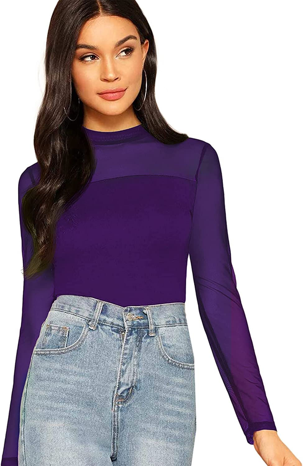 Thumbnail: SweatyRocks Women's Mock Neck Long Sleeve Mesh Insert Elegant Blouse Tops