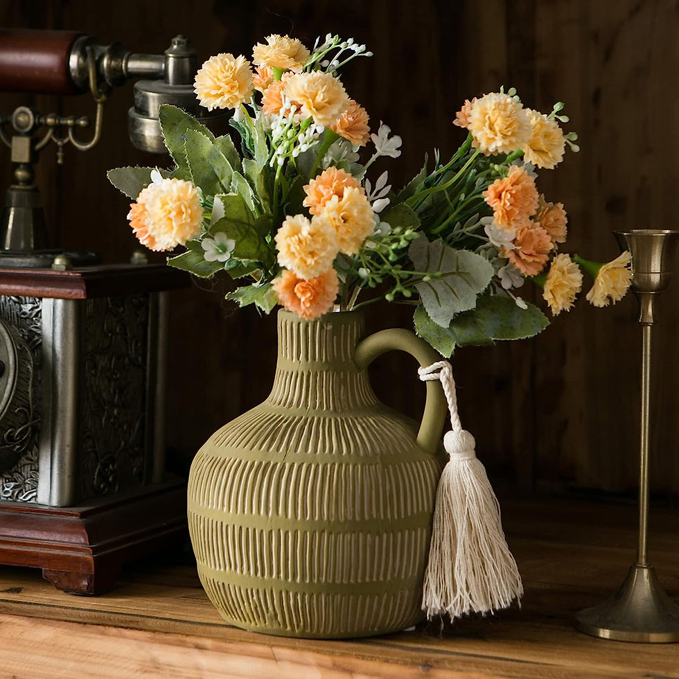 Thumbnail: Mowtanco Rustic Farmhouse Vase with Handle and Boho Wooden Beads, Vertical Stri