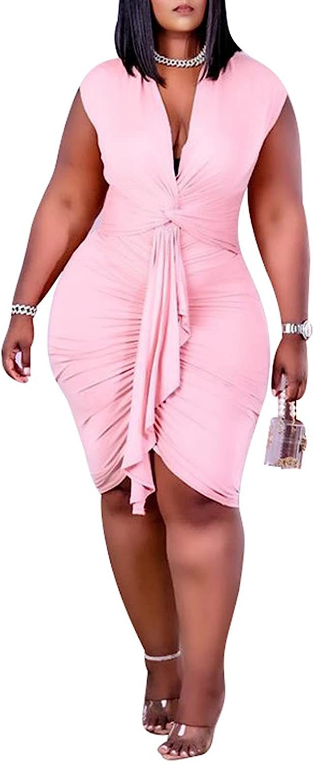 Thumbnail: Salimdy Women's Plus Size Bodycon Dress Puff Short Sleeve Plunging V Neck Midi 