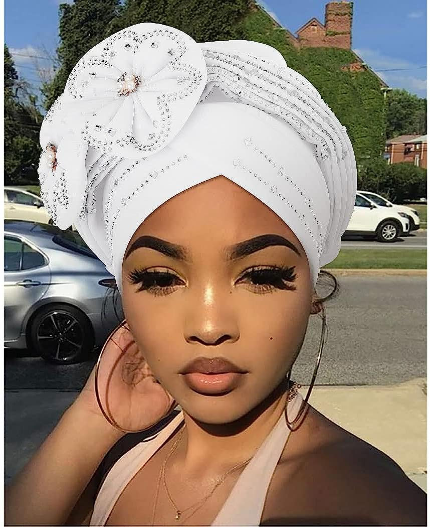 Thumbnail: Woeoe Beanie Cap Head Wrap Black Rhinestones Head Scarf Flower Pearls Twisted H