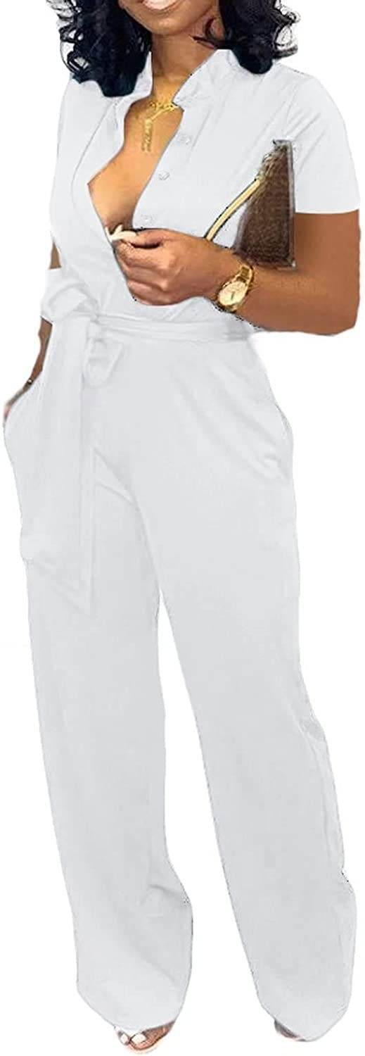 Thumbnail: Xinlees Women's Elegant V Neck Jumpsuit Casual Straight Trousers Business Rompe