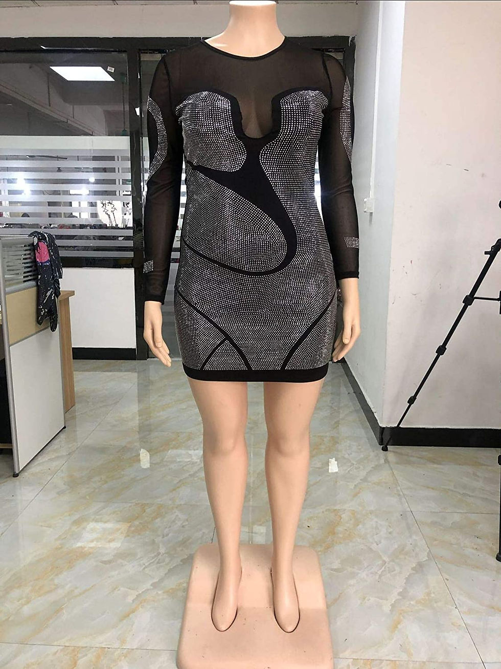 Thumbnail: IyMoo Womens Sexy Plus Size Long Sleeve Rhinestone Mesh See Through Bodycon Par