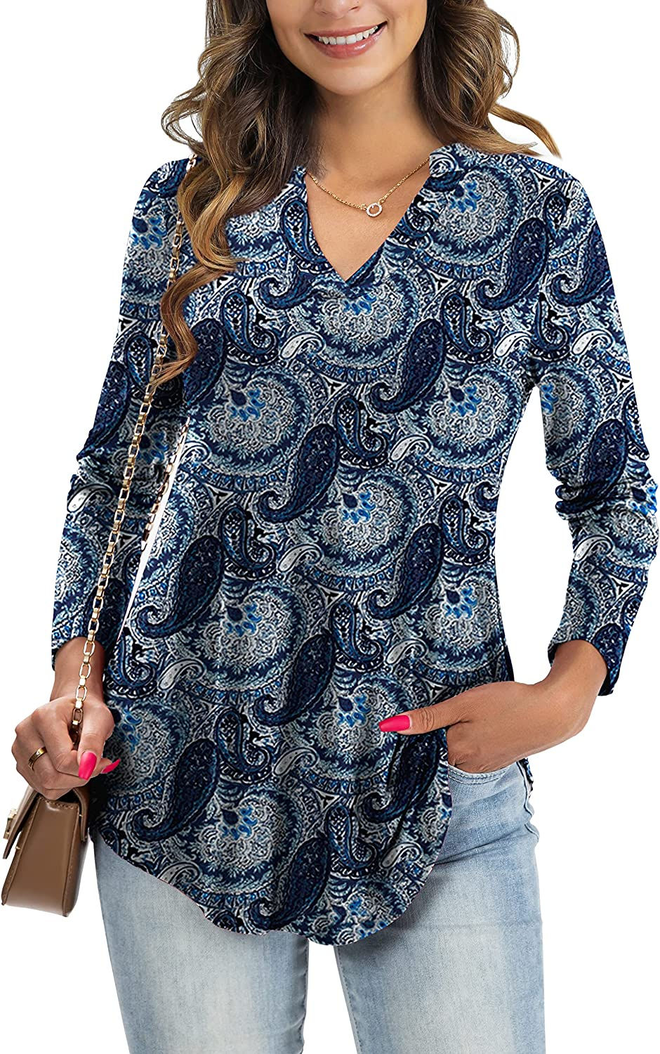 Thumbnail: Othyroce Womens Floral Printed Tunic Tops 3/4 Roll Sleeve V Neck Blouses Long S