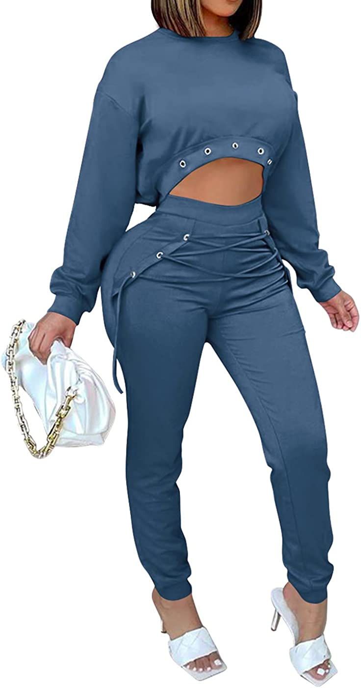 Thumbnail: Women's Casual Solid Two Piece Outfits, Long Sleeve Loose Crop Top and High Wai