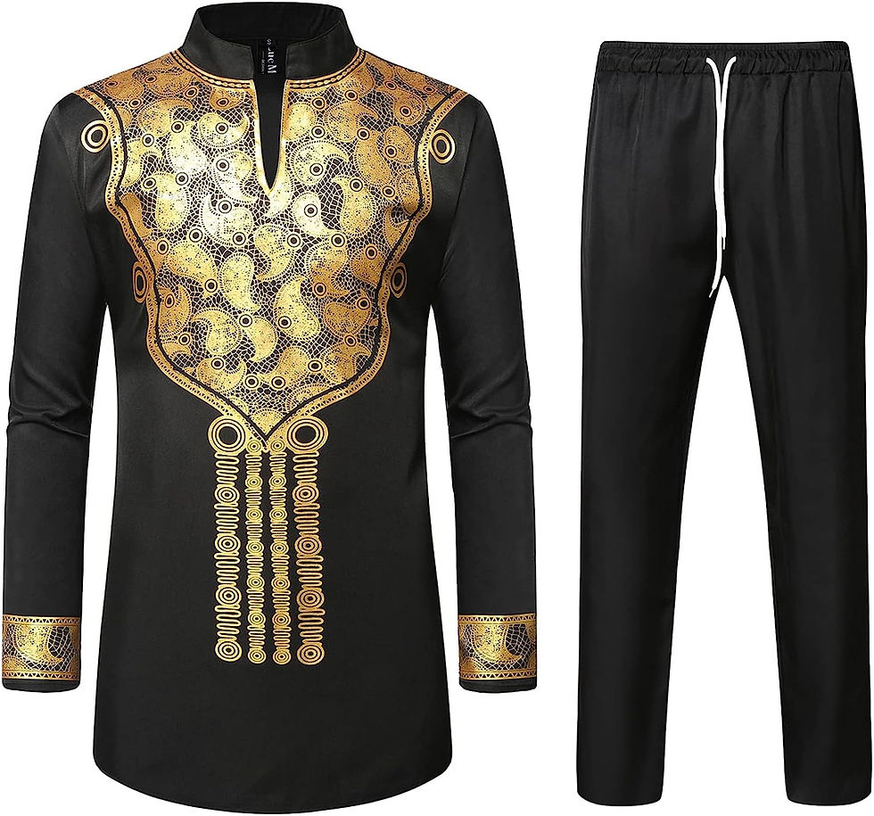 Thumbnail: LucMaton Men's African 2 Piece Set Long Sleeve Gold Print Dashiki and Pants Out