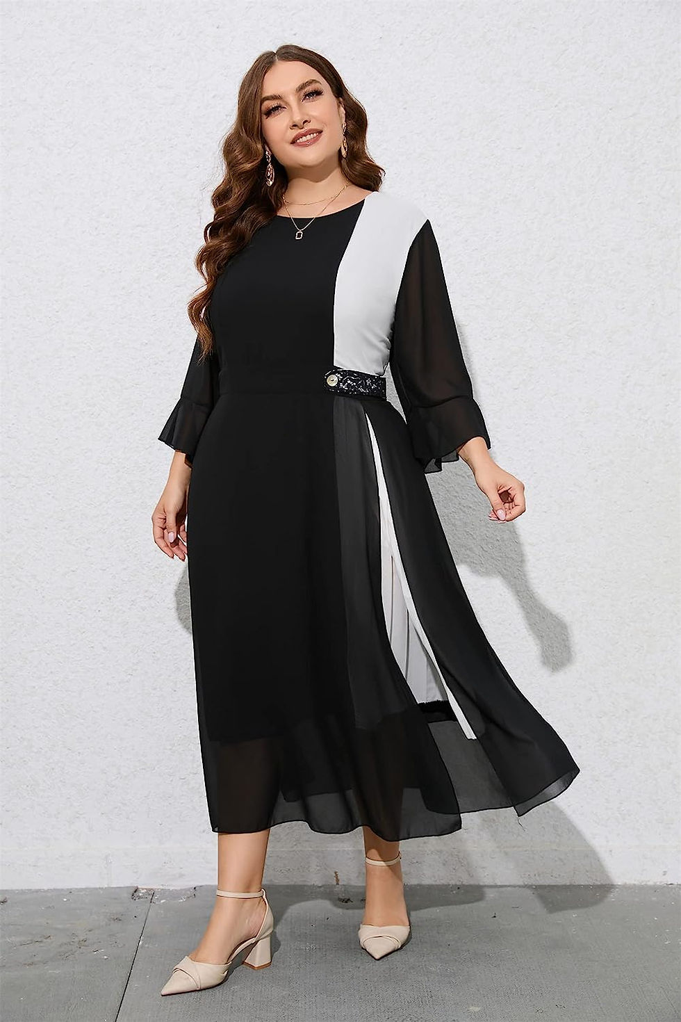 Thumbnail: EIFABF Plus Size 3/4 Sleeve Dresses for Women Elegant Contrast Chiffon Round Ne