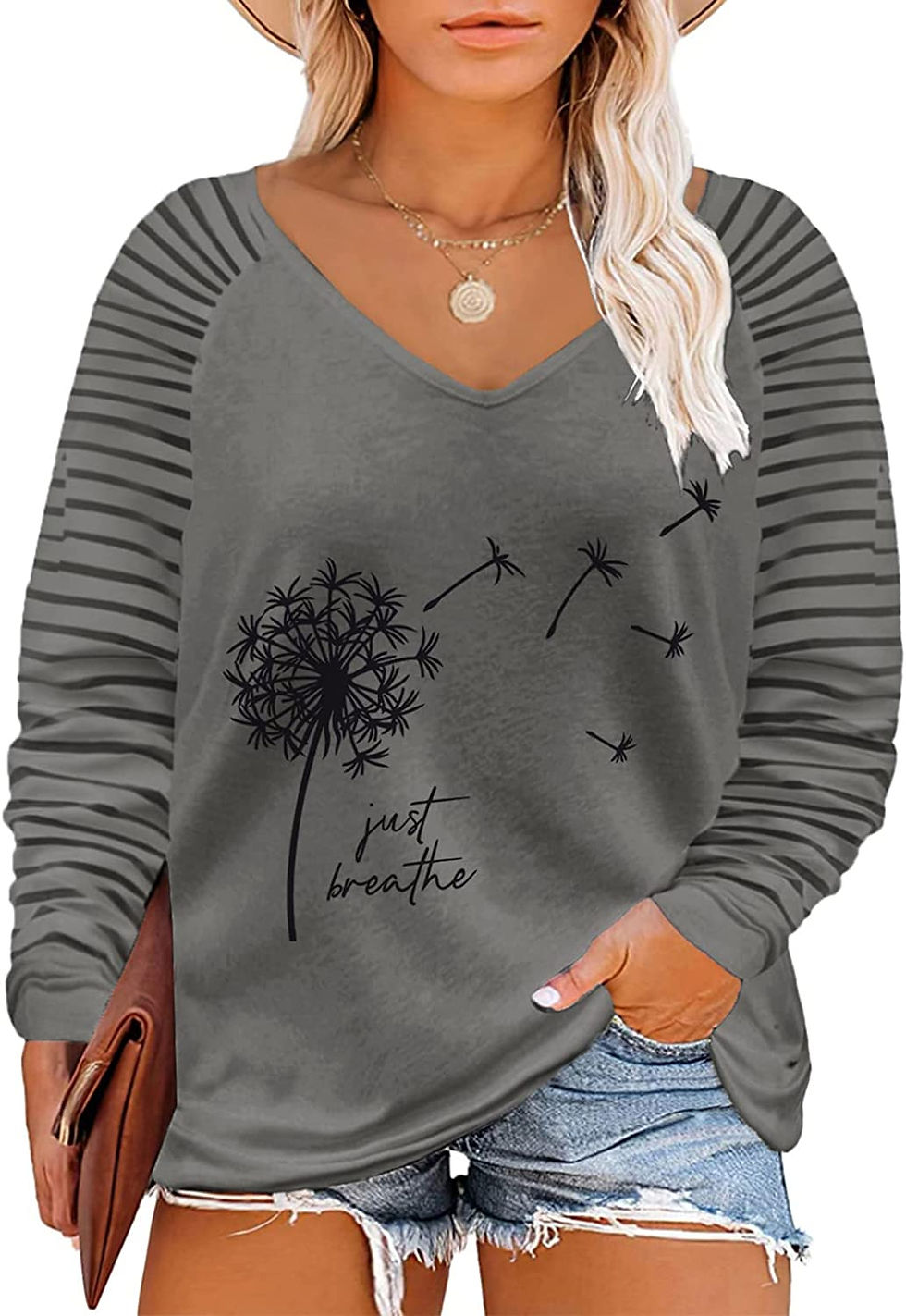 Thumbnail: Happy Sailed Womens Plus Size Casual V Neck Long Sleeve Shirts Striped Loose Tu