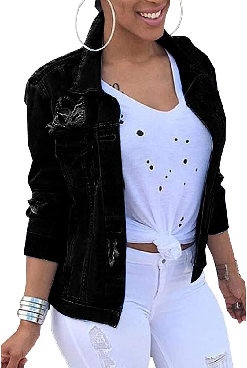 Thumbnail: Denim Jacket for Women Winter Long Sleeve Classic Distressed Butterfly Jean Tru
