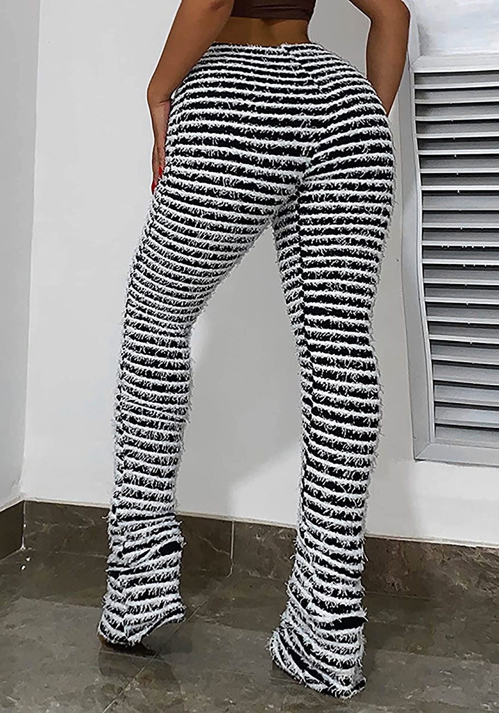 Thumbnail: Women's Stacked Leggings High Waisted Stripe Cable Knit Butt Lift Skinny Flare 