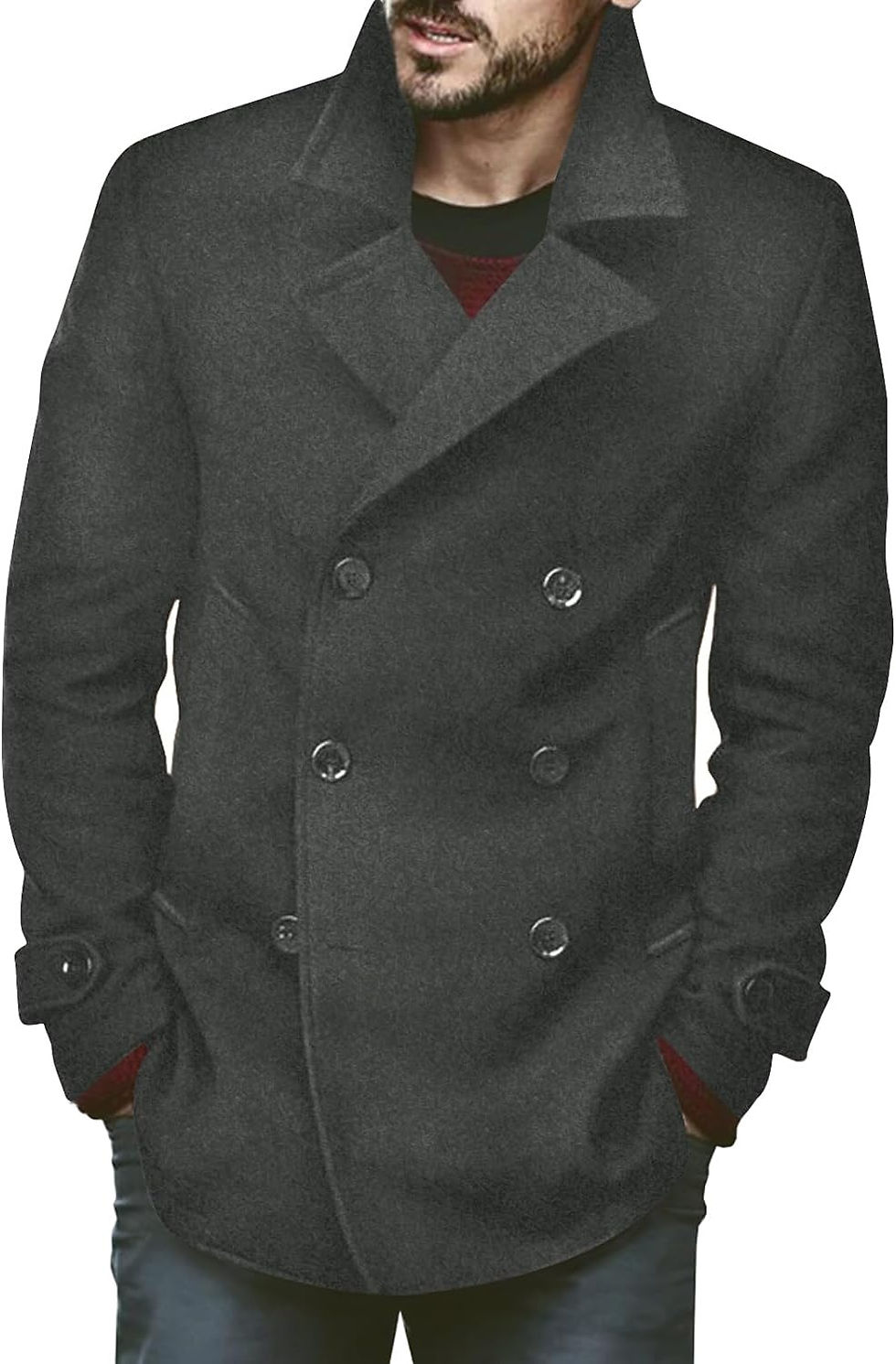 Thumbnail: Bbalizko Mens Classic Pea Coat Notched Collar Slim Fit Double Breasted Winter W