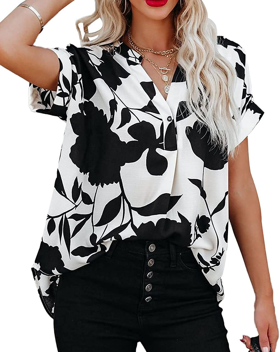 Thumbnail: Allimy Women Summer Casual Split V Neckline Chiffon Blouses Loose Tunic Short S