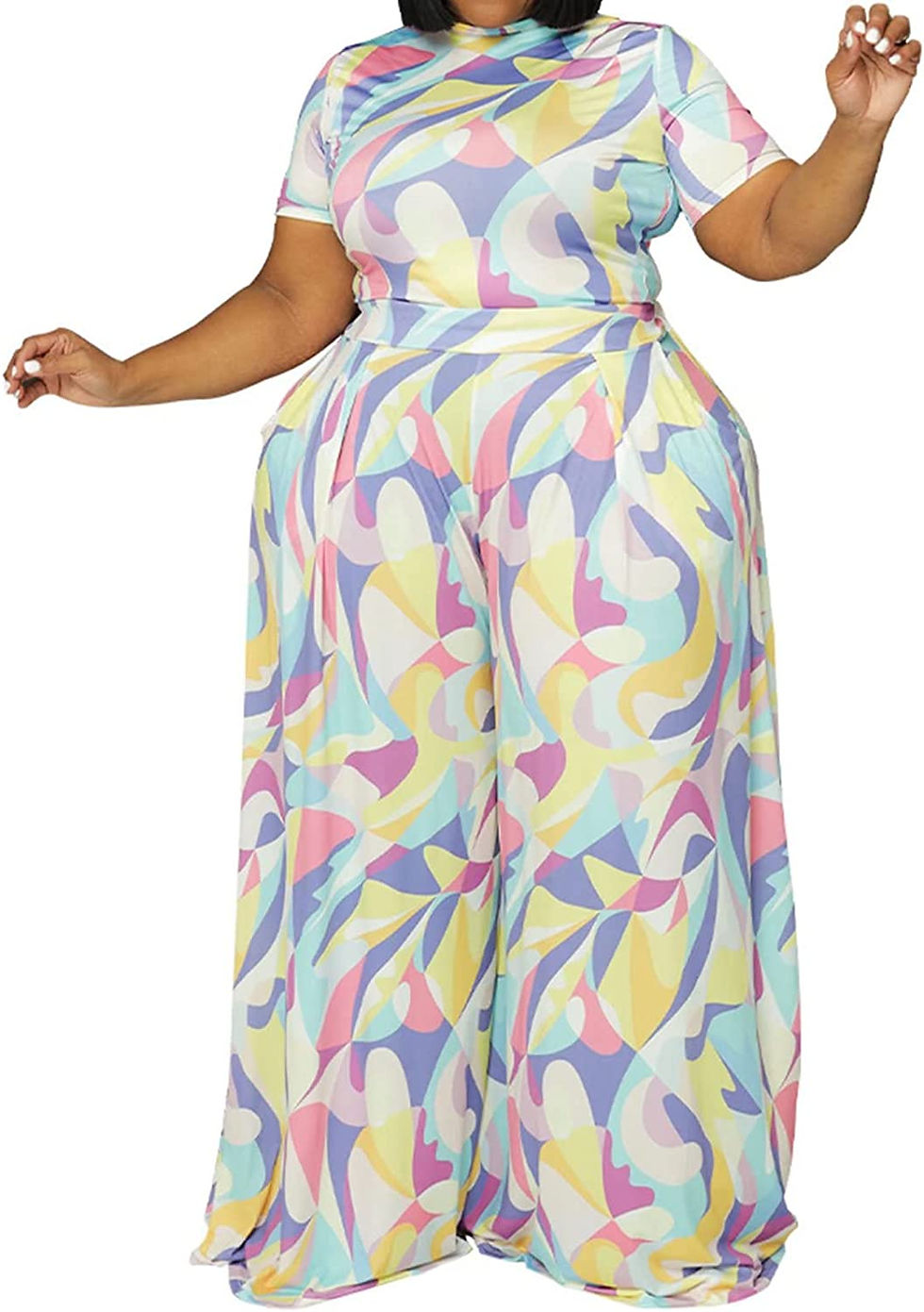 Thumbnail: Women's Plus Size 2 Piece Outfit Sexy Printed Belted Crop Top Wide Leg Pants Se