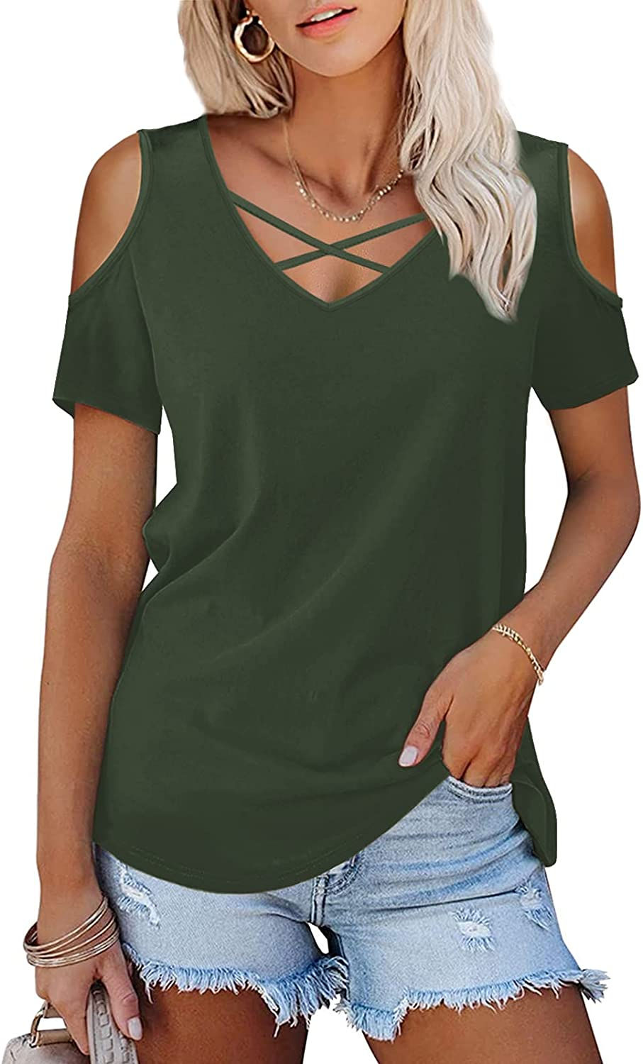 Thumbnail: Amoretu Womens Summer Shirts V Neck Criss Cross Cold Shoulder Tops Blouse