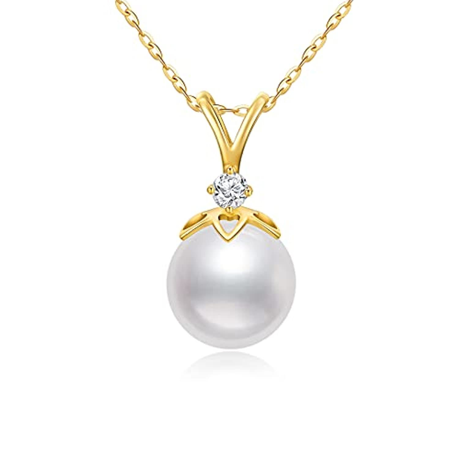 14K Gold Pearl Necklace for Women, 9mm White Freshwater Cultured Pearl Love Hea